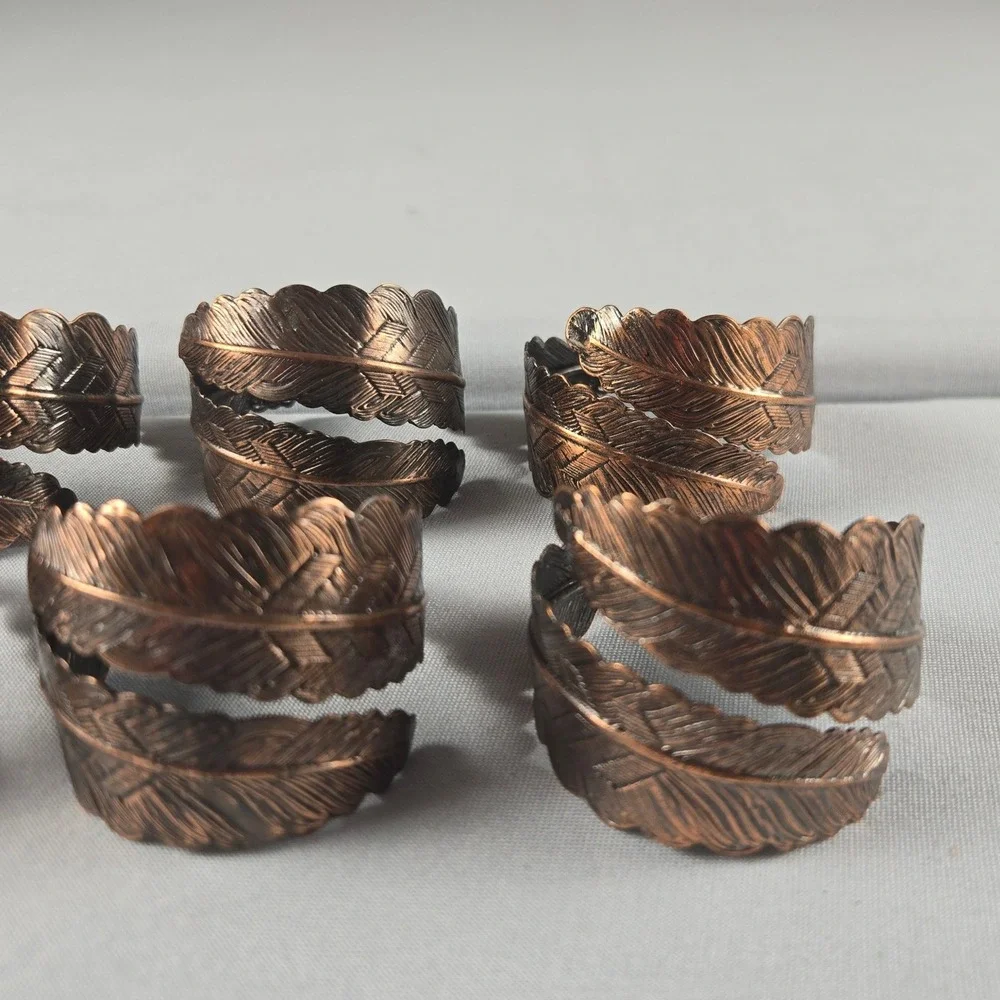 Vintage Set of 6 Copper Tone Feather Napkin Rings Metal Rustic Thanksgiving Boho